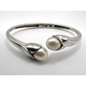 Designer Sterling Silver Cultured Freshwater Pearl Hinged Bypass Bangle Bracelet